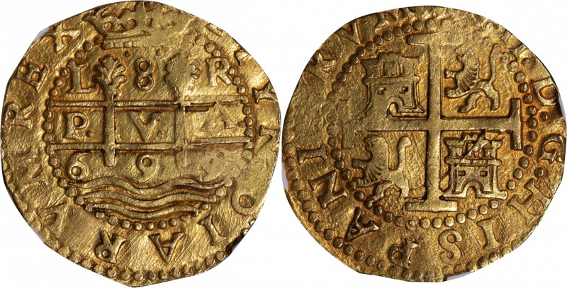 PERU. Cob 8 Escudos, 1699-L R. Lima Mint. Charles II. NGC AU-58.

Fr-1; KM-26....