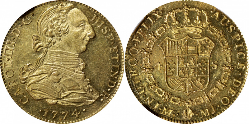 PERU. 4 Escudos, 1774-LIMA MJ. Lima Mint. Charles III. NGC MS-63★.

Fr-33; KM-...