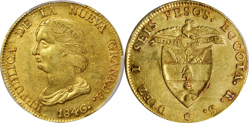 COLOMBIA. 16 Pesos, 1846-BOGOTA RS. Bogota Mint. PCGS AU-55.

Fr-74; KM-94.1; ...