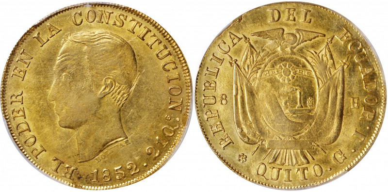 ECUADOR. 8 Escudos, 1852/0-QUITO GJ. Quito Mint. PCGS Genuine--Tooled, EF Detail...