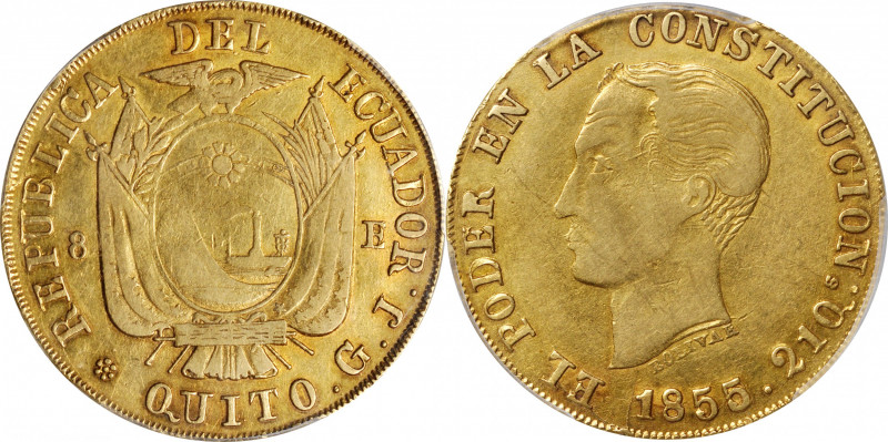 ECUADOR. 8 Escudos, 1855/2-QUITO GJ. Quito Mint. PCGS EF-40.

Fr-8; KM-34.1; S...