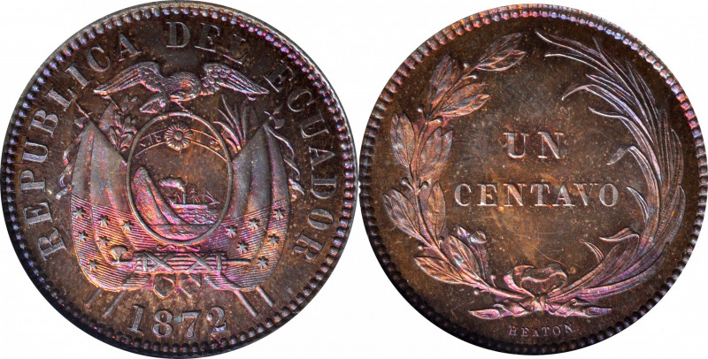 ECUADOR. Centavo, 1872-H. Heaton Mint. ANACS PROOF-64 Red Brown.

KM-45; Seppa...