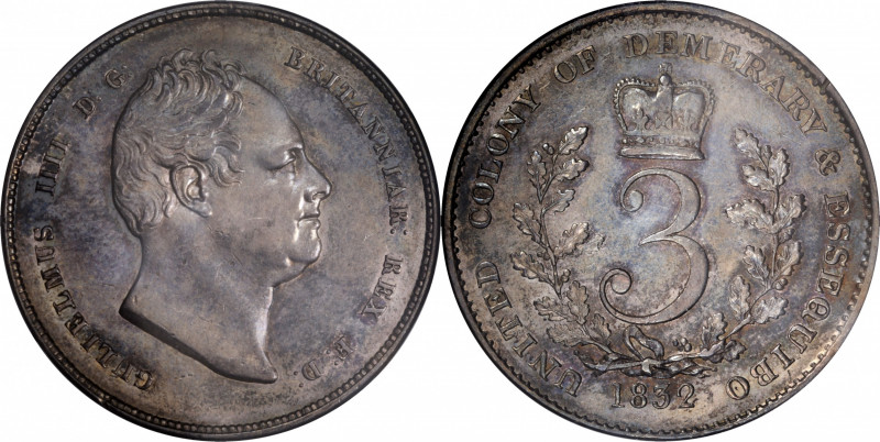 ESSEQUIBO & DEMERARY. 3 Guilders, 1832. London Mint. William IV. NGC AU-55.

K...