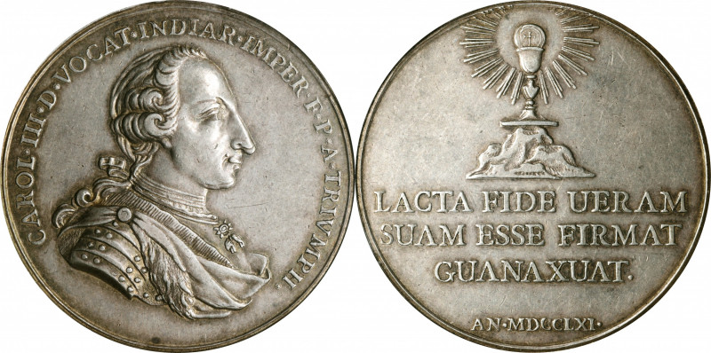 MEXICO. Charles III/Guanajuato Silver Proclamation Medal, 1761. PCGS AU-55.

G...