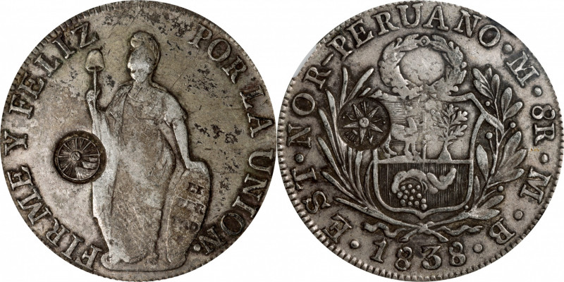 GUATEMALA. Guatemala - North Peru. 8 Reales, ND (1840-41). NGC EF-40, Countermar...