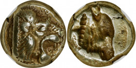 LESBOS. Mytilene. EL Hekte (2.55 gms), ca. 521-478 B.C. NGC VF, Strike: 4/5 Surface: 4/5.

HGC-6, 938; Bodenstedt-13. Obverse: Head of roaring lion ...