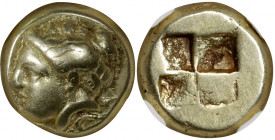 IONIA. Phokaia. EL Hekte (2.54 gms), ca. 387-326 B.C. NGC Ch VF, Strike: 5/5 Surface: 5/5.

Bodenstedt-99. Obverse: Head of Artemis left, with quive...
