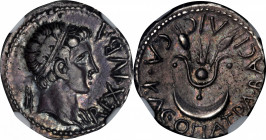 KINGS OF MAURETANIA. Juba II with Kleopatra Selene, 25 B.C.- 24 A.D. AR Denarius (2.97 gms), Caesarea Mint, ca. 20 B.C.- A.D. 24. NGC Ch VF, Strike: 5...