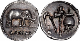 JULIUS CAESAR. AR Denarius (3.81 gms), Military mint traveling with Caesar, 49 B.C. NGC Ch AU★, Strike: 5/5 Surface: 4/5. Light Marks.

Cr-443/1; CR...