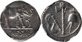 JULIUS CAESAR. AR Denarius (3.87 gms), Military mint traveling with Caesar, 49 B.C. NGC AU, Strike: 4/5 Surface: 4/5. Bankers' Marks.

Cr-443/1; CRI...