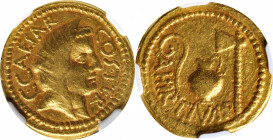 JULIUS CAESAR. AV Aureus (8.05 gms), Rome Mint; A. Hirtius, praetor, 46 B.C. NGC VF, Strike: 5/5 Surface: 4/5.

Cr-466/1; CRI-56; Calico-37; Syd-101...
