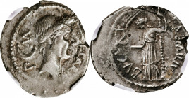 JULIUS CAESAR. AR Denarius (4.18 gms), Rome Mint; L. Aemilius Buca, moneyer lifetime issue, 44 B.C. NGC Ch EF, Strike: 4/5 Surface: 4/5.

Cr-480/4; ...