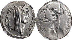 JULIUS CAESAR. AR Denarius (3.76 gms), Rome Mint; P. Sepullius Macer, moneyer, lifetime issue, 44 B.C. NGC Ch AU, Strike: 4/5 Surface: 4/5.

Cr-480/...