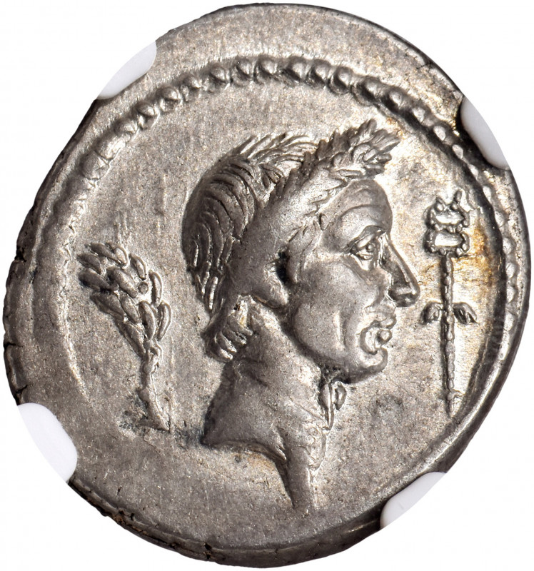 JULIUS CAESAR. AR Denarius (3.86 gms), Rome Mint; L. Livineius Regulus, moneyer,...