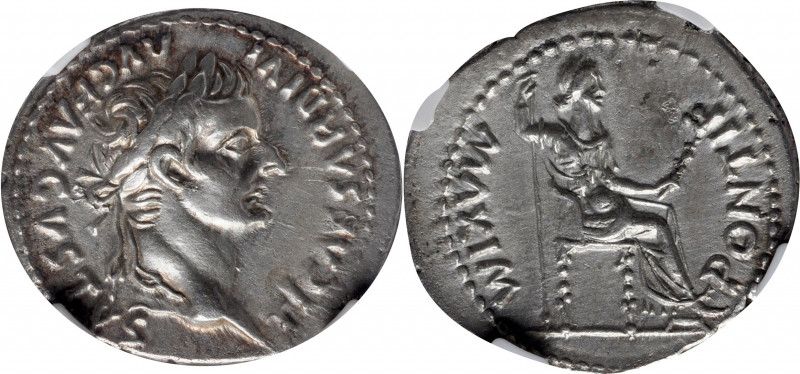 TIBERIUS, A.D. 14-37. AR Denarius (3.79 gms), Lugdunum Mint, A.D. 18-35. NGC AU★...