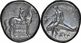 ITALY. Calabria. Tarentum. AR Didrachm (Nomos) (7.60 gms), ca. 302-280 B.C. NGC AU, Strike: 4/5 Surface: 2/5. Graffito.

HGC-1, 813; Vlasto-673-6 va...