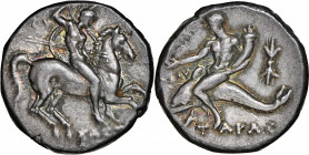 ITALY. Calabria. Tarentum. AR Didrachm (Nomos) (6.47 gms), ca. 280-272 B.C. NGC AU, Strike: 4/5 Surface: 5/5.

HGC-1, 883; Vlasto-713-9; HN Italy-10...