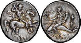 ITALY. Calabria. Tarentum. AR Didrachm (Nomos) (6.57 gms), ca. 280-272 B.C. NGC AU, Strike: 4/5 Surface: 5/5.

HGC-1, 883; Vlasto-713-9; HN Italy-10...