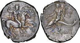 ITALY. Calabria. Tarentum. AR Didrachm (Nomos) (6.52 gms), ca. 280-272 B.C. NGC Ch AU, Strike: 5/5 Surface: 4/5.

HGC-1, 883; Vlasto-730-1; HN Italy...