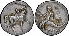 ITALY. Calabria. Tarentum. AR Didrachm (Nomos) (6.52 gms), ca. 280-272 B.C. NGC EF, Strike: 4/5 Surface: 4/5.

HGC-1, 884; Vlasto-739-42; HN Italy-1...