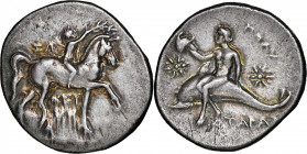 ITALY. Calabria. Tarentum. AR Didrachm (Nomos) (6.56 gms), ca. 280-272 B.C. NGC Ch VF, Strike: 5/5 Surface: 4/5.

HGC-1, 884; Vlasto-739-42; HN Ital...