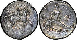 ITALY. Calabria. Tarentum. AR Didrachm (Nomos) (6.36 gms), ca. 280-272 B.C. NGC Ch AU, Strike: 4/5 Surface: 3/5.

HGC-1, 884; Vlasto-739-42; HN Ital...