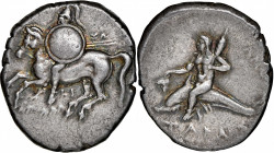 ITALY. Calabria. Tarentum. AR Didrachm (Nomos) (6.51 gms), ca. 280-272 B.C. NGC Ch VF, Strike: 5/5 Surface: 5/5.

HGC-1, 887; Vlasto-789-802; HN Ita...