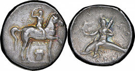 ITALY. Calabria. Tarentum. AR Didrachm (Nomos) (6.56 gms), ca. 280-272 B.C. NGC Ch VF, Strike: 5/5 Surface: 5/5.

HGC-1, 888; Vlasto-803-7; HN Italy...