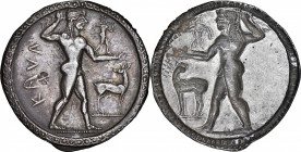 ITALY. Bruttium. Kaulonia. AR Stater (Nomos) (7.97 gms), ca. 535-500 B.C. NGC AU★, Strike: 5/5 Surface: 3/5. Fine Style. Countermark.

HGC-1, 1416; ...