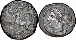 SICILY. Syracuse. Second Democracy, 466-406 B.C. AR Tetradrachm (17.05 gms), Obverse die signed by Eumenes and reverse die signed by Eukleidas, ca. 41...