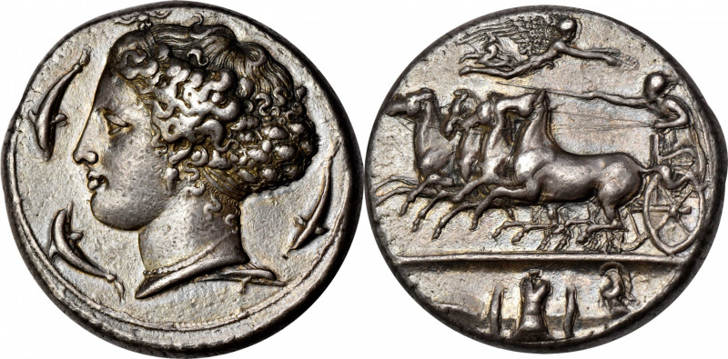 SICILY. Syracuse. Dionysios I, 406-367 B.C. AR Dekadrachm (43.38 gms), Obverse a...