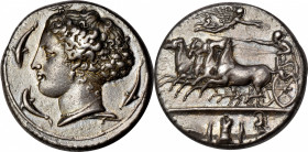 SICILY. Syracuse. Dionysios I, 406-367 B.C. AR Dekadrachm (43.38 gms), Obverse and Reverse dies signed by Kimon, ca. 405-400 B.C. NGC Ch VF★, Strike: ...
