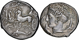 SICILY. Syracuse. Dionysios I, 406-367 B.C. AR Tetradrachm (17.27 gms), Reverse die signed by Eukleidas, ca. 400/395-390 B.C. NGC Ch VF, Strike: 4/5 S...