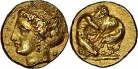 SICILY. Syracuse. Dionysios I, 406-367 B.C. AV 100 Litrai (Double Dekadrachm) (5.78 gms), ca. 400-370 B.C. NGC Ch AU, Strike: 5/5 Surface: 4/5. Fine S...