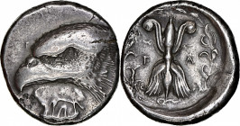 PELOPONNESOS. Elis. Olympia. AR Stater (12.19 gms), "Zeus" Mint; engraved by Da-, ca. 412 B.C (92nd Olympiad). NGC VF, Strike: 4/5 Surface: 2/5. Count...