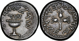 JUDAEA. First Jewish War, 66-70 C.E. AR Shekel (13.91 gms), Jerusalem Mint, Year 3 (68/9 C.E.). NGC AU, Strike: 4/5 Surface: 4/5. Edge Marks.

Mesho...