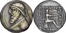 KINGS OF PARTHIA. Mithradates II, 121-91 B.C. AR Tetradrachm (15.94 gms), Seleukia on the Tigris Mint, ca. 119-109 B.C. NGC Ch F, Strike: 5/5 Surface:...