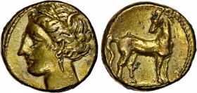 ZEUGITANA. Carthage. AV 1/5 Stater (1.50 gms), Carthage Mint, ca. 350-320 B.C. NGC Ch EF, Strike: 5/5 Surface: 3/5. Edge Marks.

MAA-7; Jenkins & Le...
