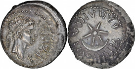 KINGS OF MAURETANIA. Juba II, with Kleopatra Selene, 25 B.C.- A.D. 24. AR Denarius (2.98 gms), Caesarea Mint, ca. 20 B.C.- A.D. 24. NGC Ch AU, Strike:...
