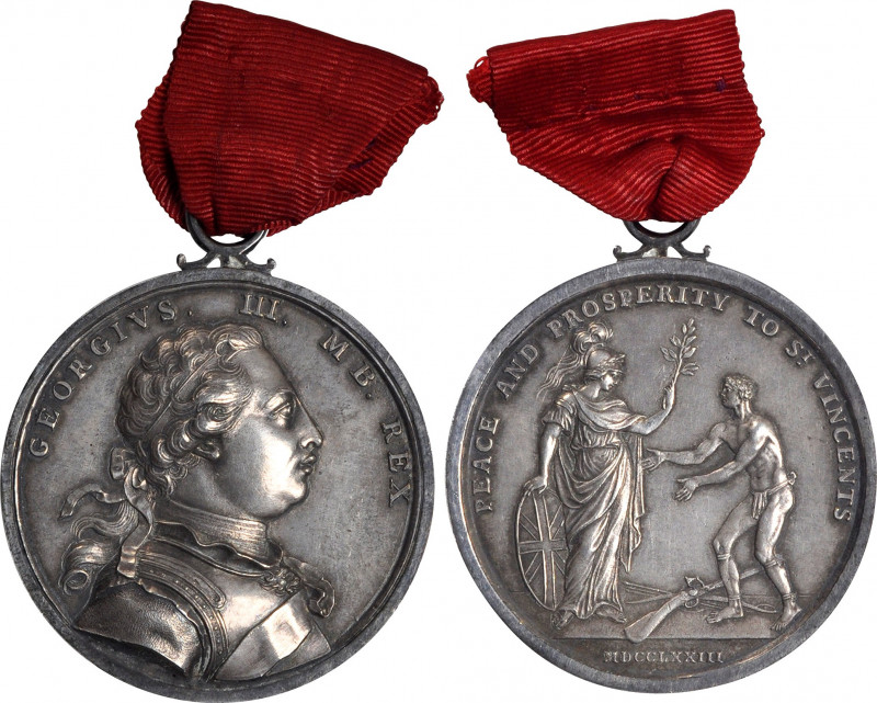 1773 Carib War medal. Cast silver, 55.2 mm, 69.4 mm including integral loop. Bet...