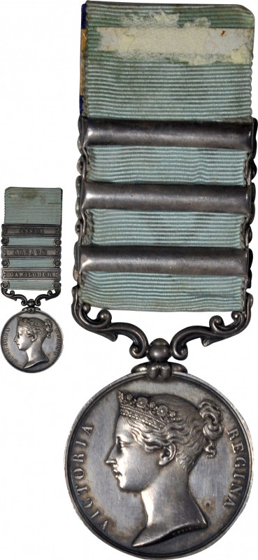 (1851) Army of India medal with three clasps. ASSYE, ARGAUM, GAWILGHUR. Silver, ...