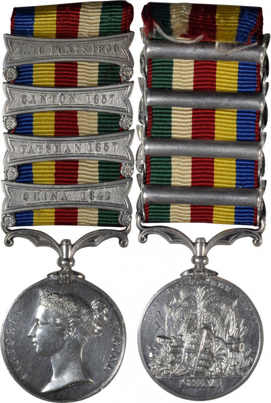 1854 Second China War medal with four clasps: CHINA 1842, FATSHAN 1857, CANTON 1...