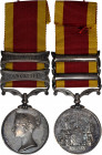 1854 Second China War medal with two clasps: CANTON 1857 and TAKU FORTS 1858. Silver, 36 mm. MY-122 (clasps iii, iv), BBM-78. Swivel mount and scroll ...