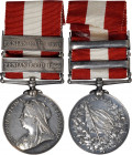 (1899) Canada General Service medal with two clasps: FENIAN RAID 1866 and FENIAN RAID 1870. Silver, 36 mm. MY-125 (clasps i, ii), BBM-80. Edge mount w...