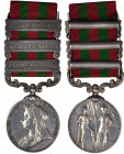 1895 India medal with three clasps: PUNJAB FRONTIER 1897-98, SAMANA 1897, TIRAH 1897-98. Silver, 36 mm. MY-142 (clasps iii, v, vi), BBM-98. Edge mount...