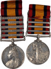 (1901) Queen’s South Africa medal with five clasps: CAPE COLONY, TUGELA HEIGHTS, ORANGE FREE STATE, RELIEF OF LADYSMITH, and TRANSVAAL. Silver, 36 mm....