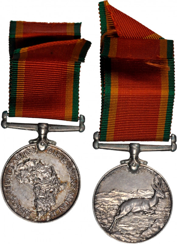 (1945) Africa Service medal. Silver, 36 mm. MY-189, BBM-144. Edge mount with str...