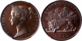 1853 South Africa medal. Bronzed copper, 36 mm. MY-115. SP-64 (PCGS).

Deeply reflective with a light golden tone and attractive blue highlights.
...