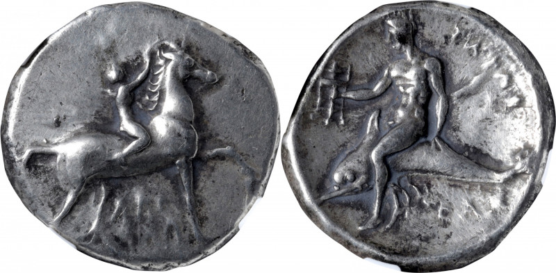 ITALY. Calabria. Tarentum. AR Didrachm (Nomos) (7.80 gms), ca. 302-280 B.C. NGC ...