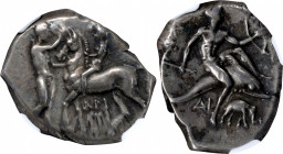 ITALY. Calabria. Tarentum. AR Didrachm (Nomos), ca. 280-272 B.C. NGC Ch VF. Fine Style.

HGC-1, 881; Vlasto 736-8; HN Italy-1000. Obverse: Nude yout...